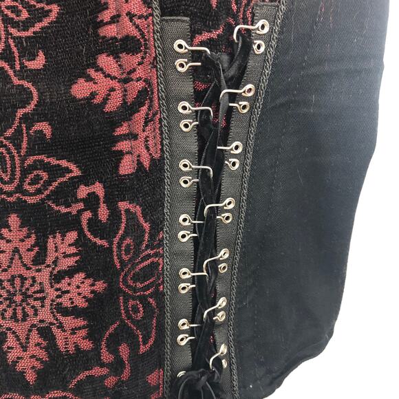 TRIPP NYC Vintage Corset Woven Brocade Snowflake Floral Red Black Zip Back XXL - Picture 5 of 11